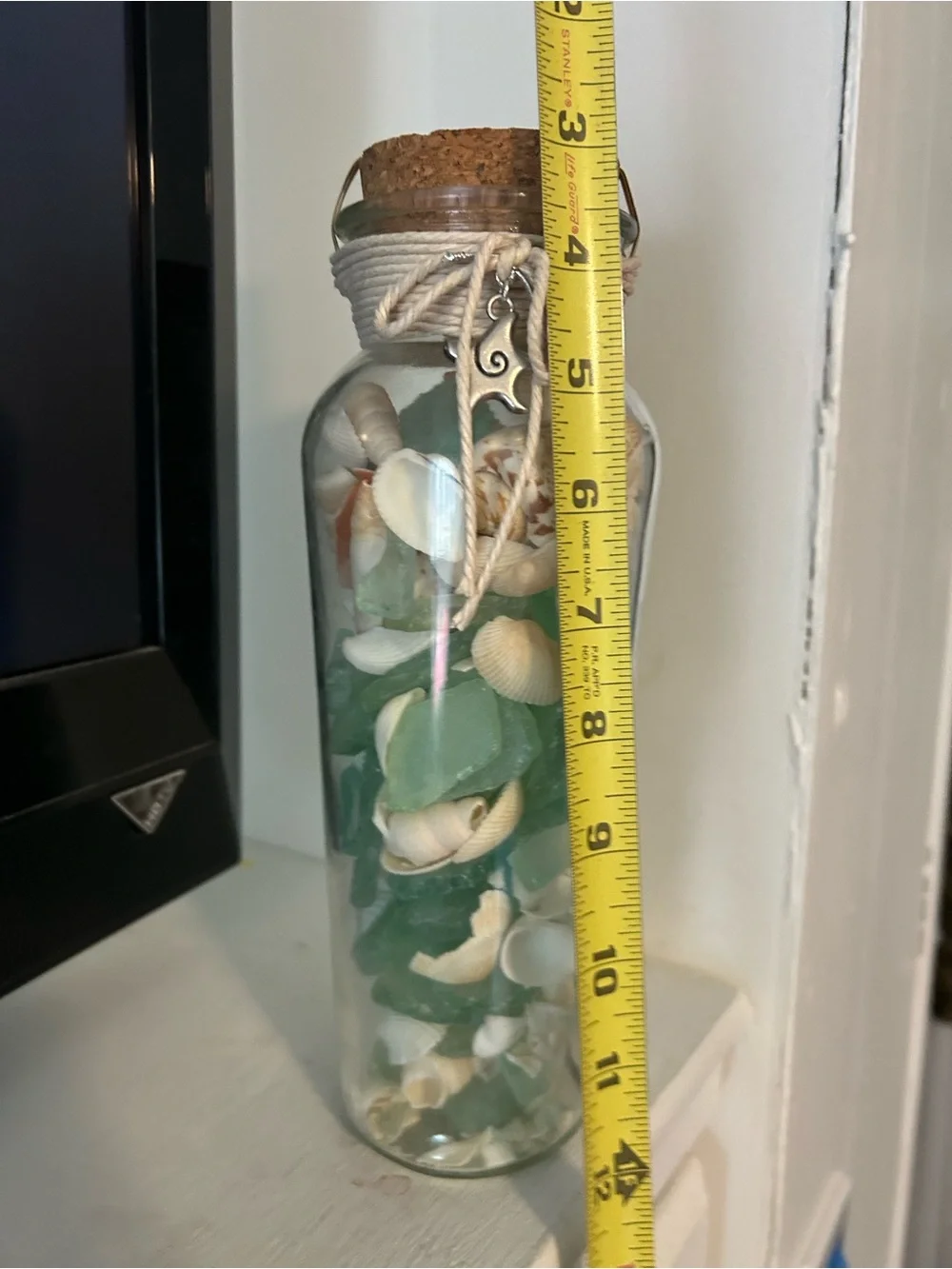 NWT COASTAL Sea Glass & Shell Accent Jar with Charm, Cork Stopper and Cord